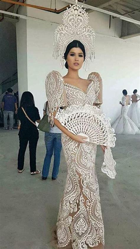 Filipiniana gown dress butterfly sleeves fan crown horn lace | Filipiniana dress, Modern ...