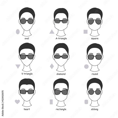 Set of silhouettes of various types of sunglasses. Faces shapes to ...