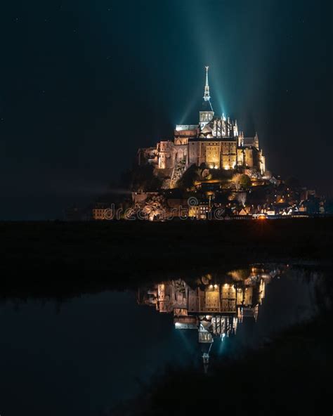 Mont-Saint-Michel by Night, Illuminated and Reflection Above the Sea, France, Europe. Stock ...