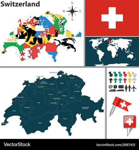 Switzerland map with regions and flags Royalty Free Vector