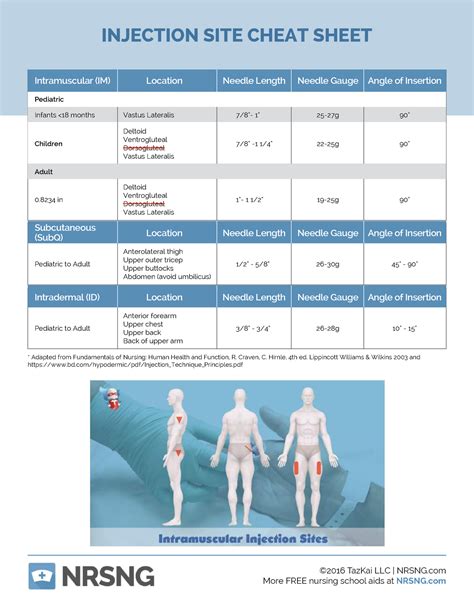 Injection Site Cheat Sheet - Intramuscular (IM) Location Needle Length Needle Gauge Angle of ...