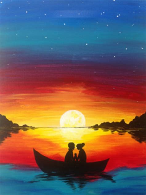 A bright, colorful, romantic scene of a couple holding hands in a row boat at sunset. A great ...