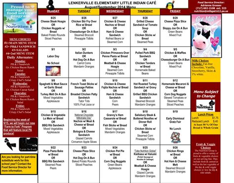 Millersburg Elementary School Lunch Menu for August & September | Schools | dailyitem.com