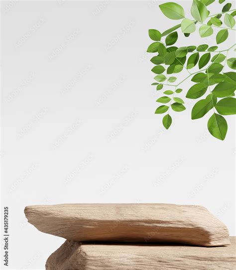 Wooden product display podium with nature leaves background. 3D ...