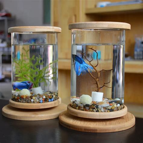 1pcs Glass Betta Fish Tank Bamboo Base Mini Fish Tank Decoration Accessories Rotate Decoration ...