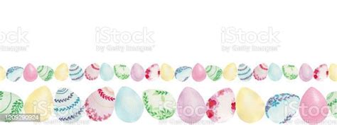 Easter Ornamental Border With Cute Easter Eggs Watercolor Seamless Border With Pastel Colored ...