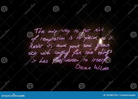 Neon Light of a Quote from Oscar Wilde about Temptation Stock Photo - Image of people, quote ...