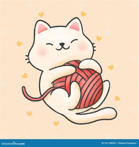 Funny Cat Playing with Yarn Cartoon Hand Drawn Style Stock Vector ...