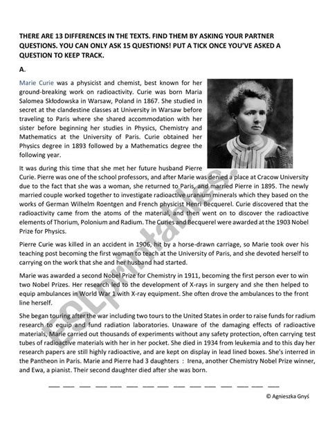 Marie Curie biography read and find differences - ESL worksheet by Sunniva