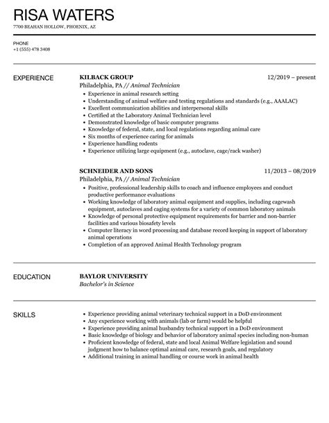 Animal Technician Resume Samples | Velvet Jobs