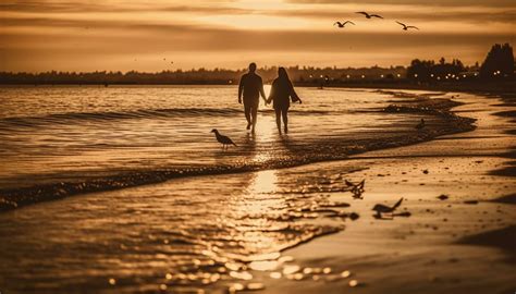 Sunset romance two people walking on water edge, enjoying nature generated by AI 24578473 Stock ...