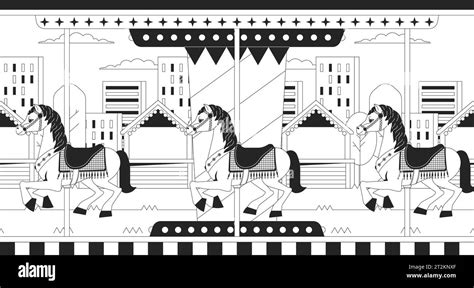 Sunset city carousel horses black and white lofi wallpaper Stock Vector ...