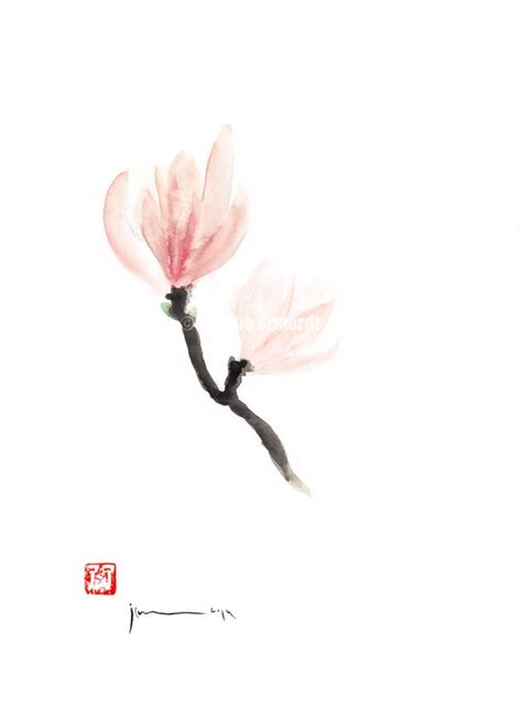 Summer pink magnolia painting. Fine art print magnolia | Etsy