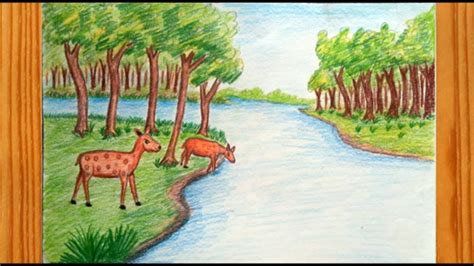 Jungle Drawing Scenery | Simple Forest Scenery Drawing with Animals - YouTube