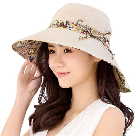 Womens Sun Hats Summer Reversible UPF 50+ Beach Hat Foldable Wide Brim ...