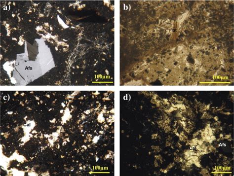 Thin section photomicrographs of 443m core samples: a) alkali-feldspar... | Download Scientific ...