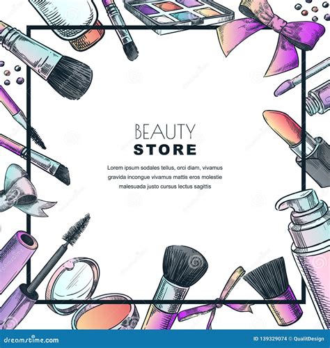 Makeup Banner, Poster Or Label Design Template.Sketch Illustration Of Facial Cosmetic. Beauty ...