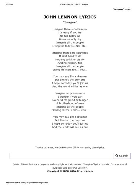 John Lennon Lyrics - Imagine | PDF - Worksheets Library