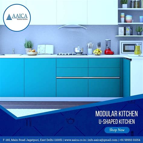 an advertisement for modular kitchen u - shaped kitchen in blue and white with the words aaica ...