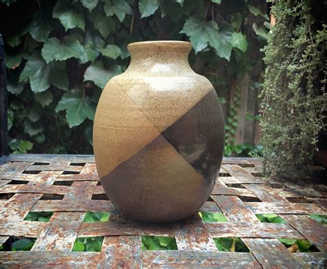 Midcentury Modern Pottery Craft USA vase sun face earthtone ceramic stoneware Robert Maxwell style