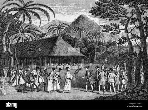 COOK: TAHITI, 1769. /nCaptain James Cook arriving in Tahiti, 1769. Wood ...