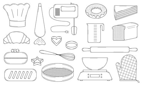 Hand drawn set of baking elements and tools for making culinary ...