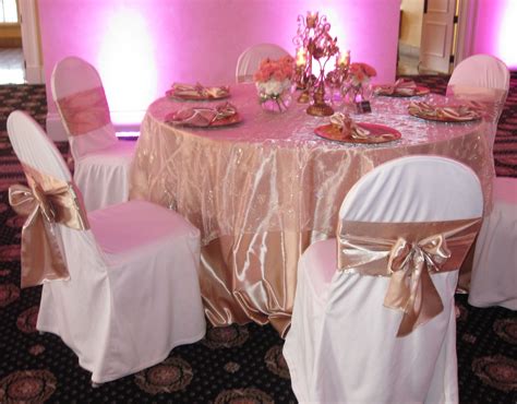 Golden Champagne Satin Tablecloths with Champagne Embroidered Sequins Overlay, Ivory Chair ...