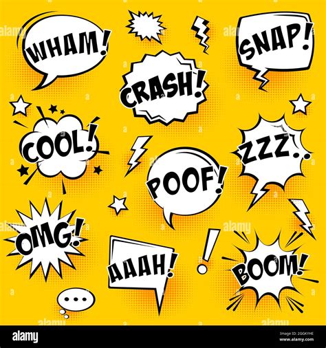 Comic speech bubbles with halftone shadows and text on yellow ...