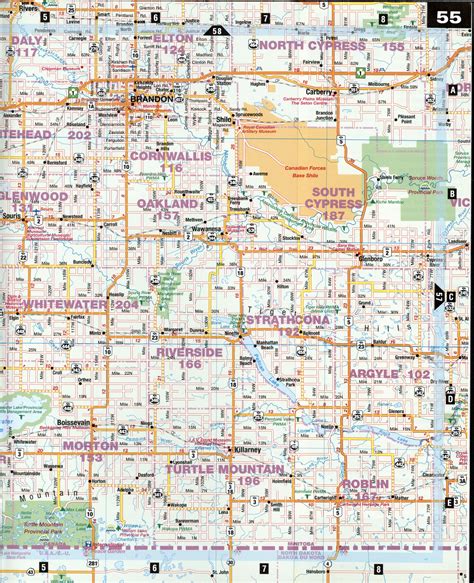 Road map Brandon city surrounding area (Manitoba, Canada) free large scale