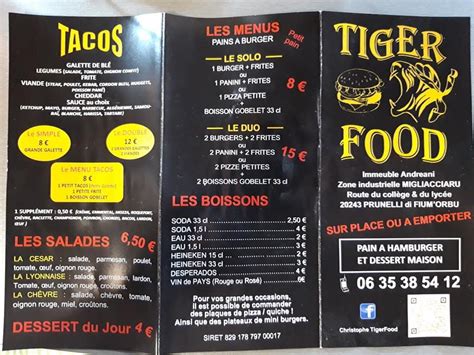 Menu at TIGER FOOD restaurant, Prunelli-di-Fiumorbo, 20243 Prunelli