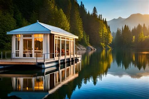 Premium AI Image | A cabin on a lake with a mountain view in the ...