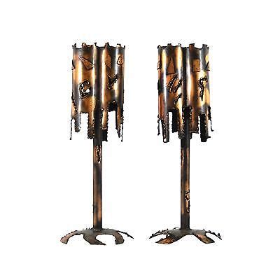 2 Mid Century Modern Brutalist Torch-Cut Metal/Copper Table Lamps by Tom Greene? | eBay