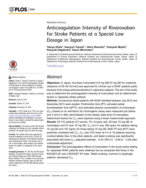 (PDF) Anticoagulation Intensity of Rivaroxaban for Stroke Patients at a Special Low Dosage in Japan