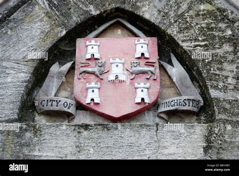 City of Winchester coat of arms on exterior of guildhall Winchester ...