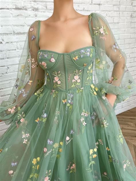 Green tulle lace tea length prom dress, green evening dress – dresstby