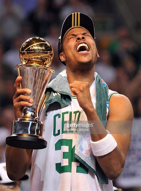 Boston Celtics' Paul Pierce celebrates with his MVP trophy after ...