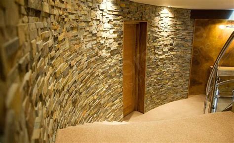 Dimensional Interior Stone Veneer Radius Wall with a door in a residential stairwell | Stone ...