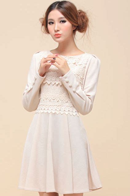 Lace Trimming Buttoned Cuffs Apricot Dress | Apricot dress, Dresses, Fashion