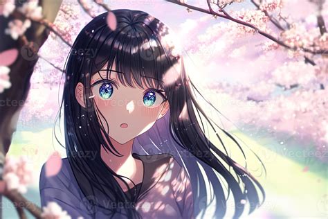 A cute surprised black haired anime girl under the blooming sakura. . 22385025 Stock Photo at ...