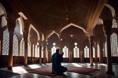 Premium AI Image | A man praying inside a mosque with a prayer inside.