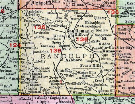 Randolph County, North Carolina, 1911, Map, Rand McNally, Asheboro, Randleman, Archdale, Ramseur ...