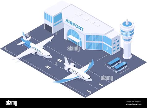 Isometric airport building and runway, plane taking off. International ...