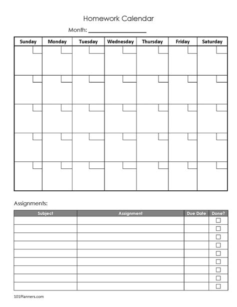 Homework Calendar Template