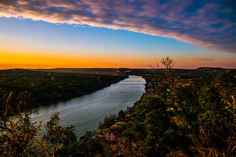 Mount Bonnell Hill Top View Sunset Clouds Rolling In Vivid Stock Photo - Download Image Now - iStock