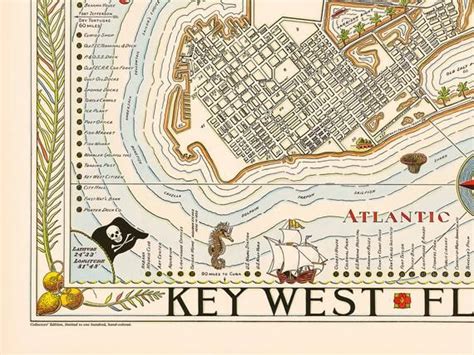 Decorative Florida map of Key West, old Key West Florida map, Key West ...