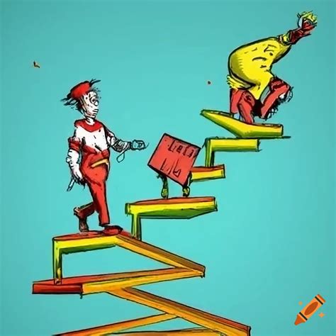 Colorful book illustration of a handyman climbing stairs on Craiyon