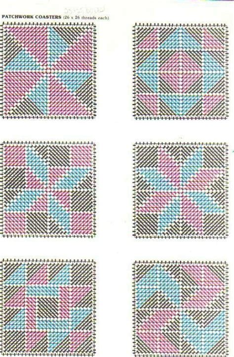 four squares with different designs on them, each in blue and pink colors are shown