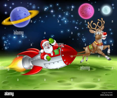 Santa Claus Rocket Sleigh Space Christmas Cartoon Stock Vector Image ...