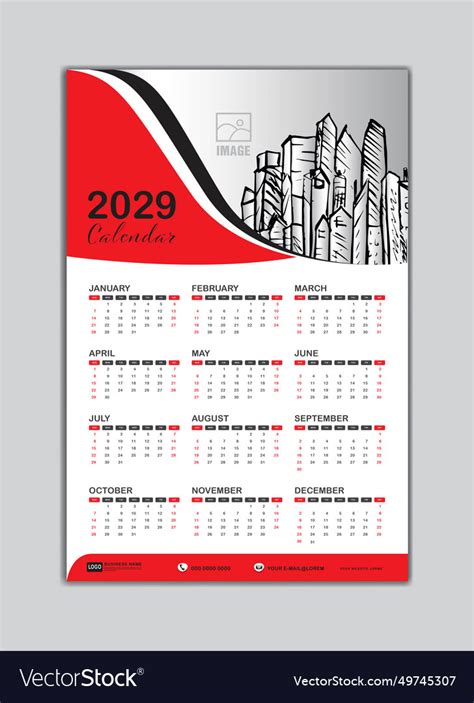 Wall calendar 2029 template Royalty Free Vector Image