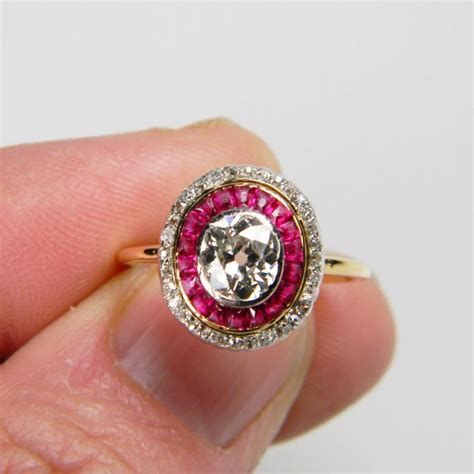 Edwardian Cushion Cut and Ruby Target engagement Ring | DB Gems